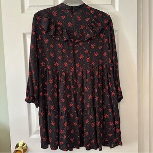 Zara The Lucky Dress Women Medium Black Red Floral Mini Dress Ruffle Sleeves